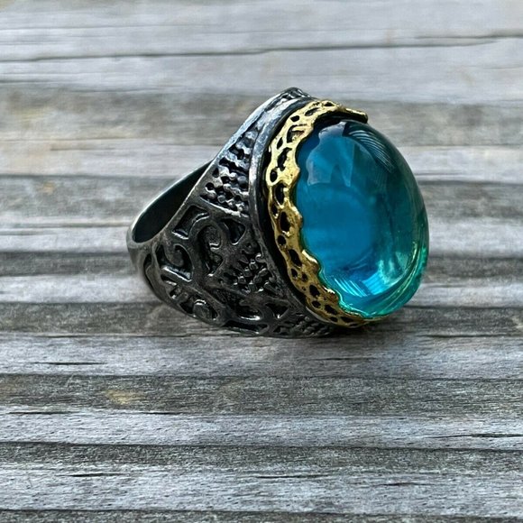Men Rings Fashion Blue Stone Gunmetal/Gold Tone Men Jewelry Rings Size 9 - Picture 4 of 11